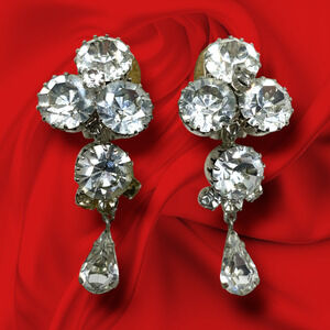 Vintage 1980's Clear Crystal 2" Dangle Clip On Earrings Runway Couture Mogul